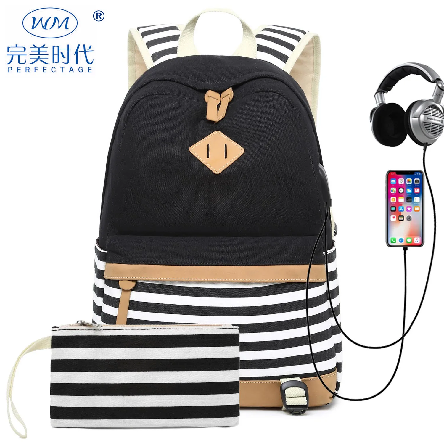 

Cross-border canvas backpack women's fashion Korean-style printed female bag middle school students school bag striped
