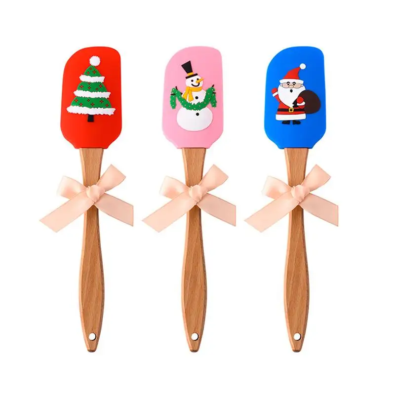  Christmas Silicone Spatula Wooden Handle Cream Butter Spatula Mixing Batter Scraper Great for Chris