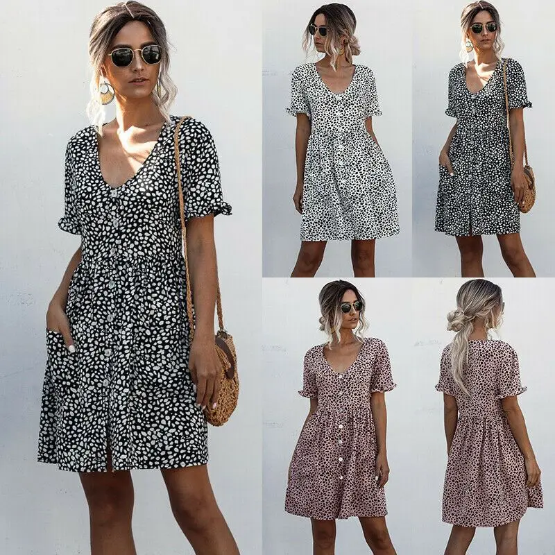 

Women Summer Beach Chiffon Dress Casual Short Sleeve Polka Dot Buckle Pocket Dress Boho Mini Elegant V Neck Sundress Vestidos