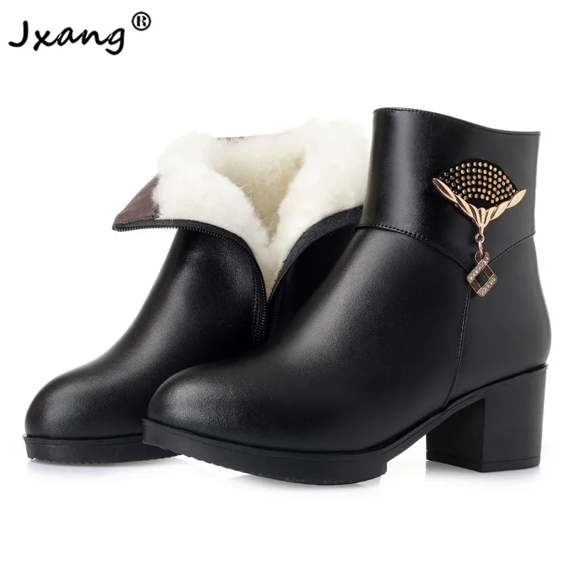 

JXANG 2020 classic genuine Leather ladies new year high heels boots boots shoes women wool winter warm trend snow boots Winter
