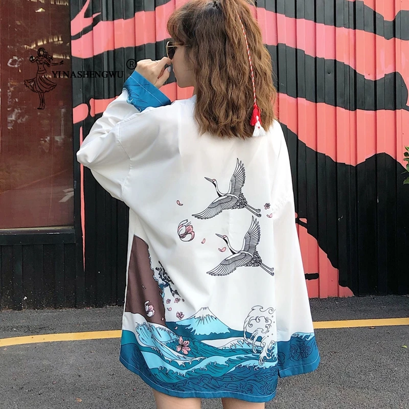 Yukata женское японское кимоно кардиган с принтом журавлей азиатская одежда