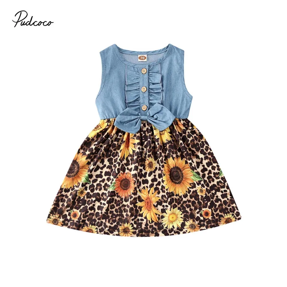 2020 Baby Girls Dress 0-5Y Sunflowers Leopard Print Denim Sleeveless A-Line Summer Casual Ruffle Party Tutu Sundress | Детская одежда и