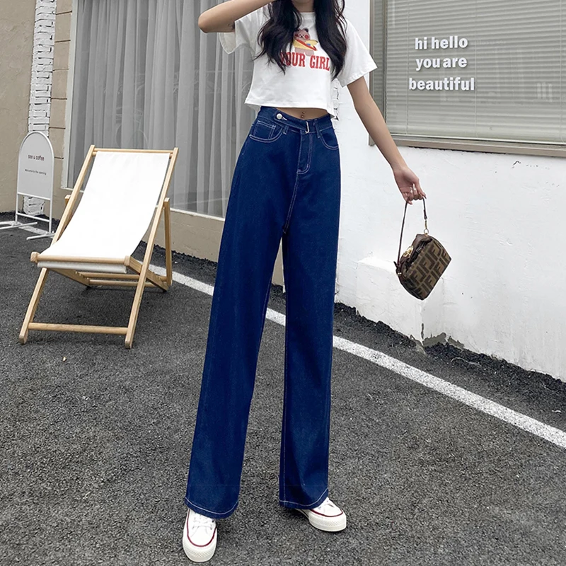 

Shnsophi Streetwear Women Wide Leg High Waist Loose Straight Dark Blue Long Denim Pants Retro Female Chic Jeans Ladies Trousers