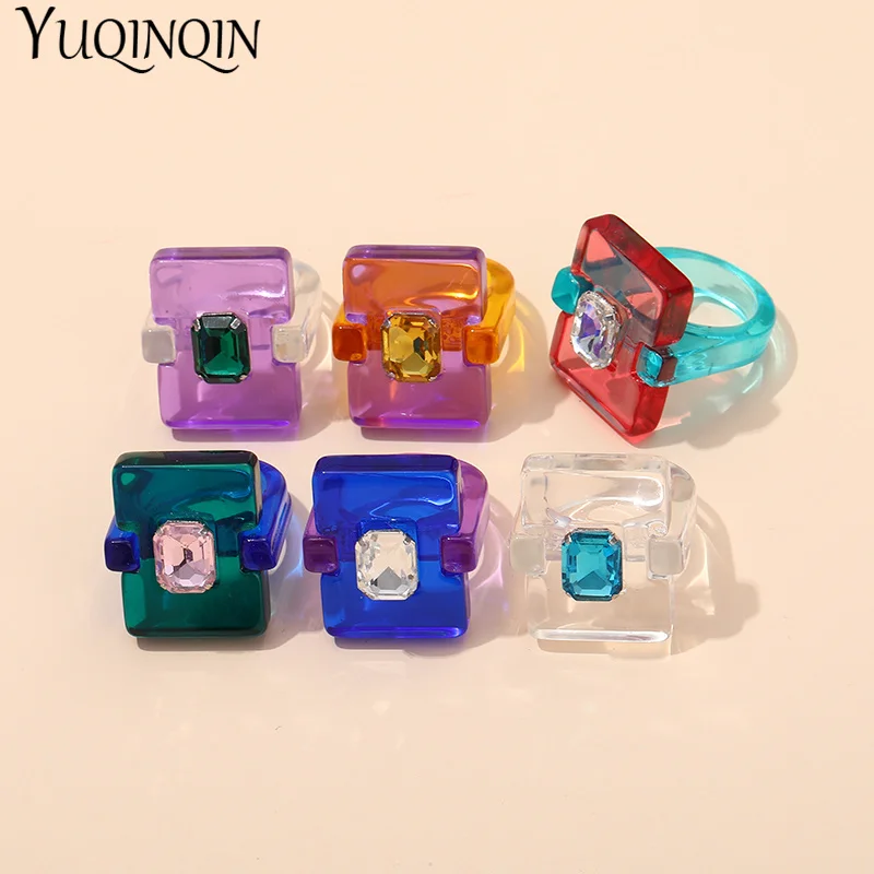 Girls Finger Rings Resin Rhinestone Crystal Punk Geometric Square Big Rings for Women Fashion Jewelry Party Gifts