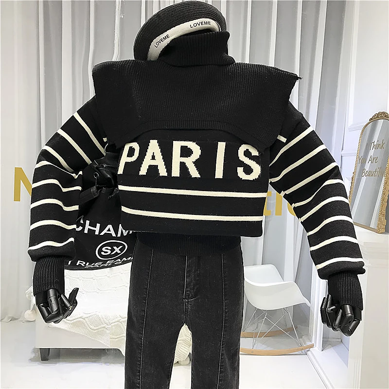 

Turtelneck Sweater Fashion High Street Letter Patchwork Designer Knitted Sweaters for Women Thick 2019 New Tops with long sleeve