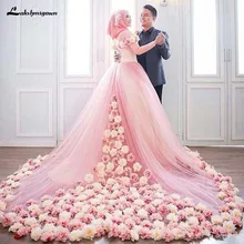 Румяна Розовый мусульманский плюс размер трапециевидные 3d-цветочные Свадебные платья с аппликацией с длинным рукавом со шлейфом на шнуровке свадебное платье из тюля