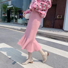 Женская трикотажная длинная юбка, Осень-зима, новинка, высокая талия, вязаная юбка русалки, одноцветная, облегающая бедра, юбка с оборками, вязаная длинная юбка ML316