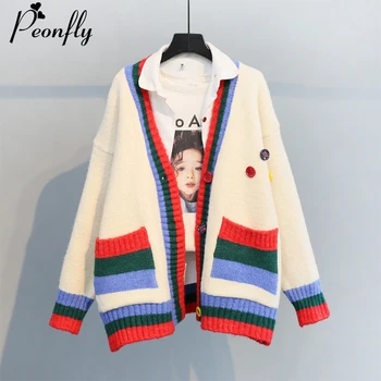 

PEONFLY Women Winter Elegant V Neck Cardigan Sweater Female Long Sleeve Knitted Coat Top Striped Printed Pull Femme Hiver