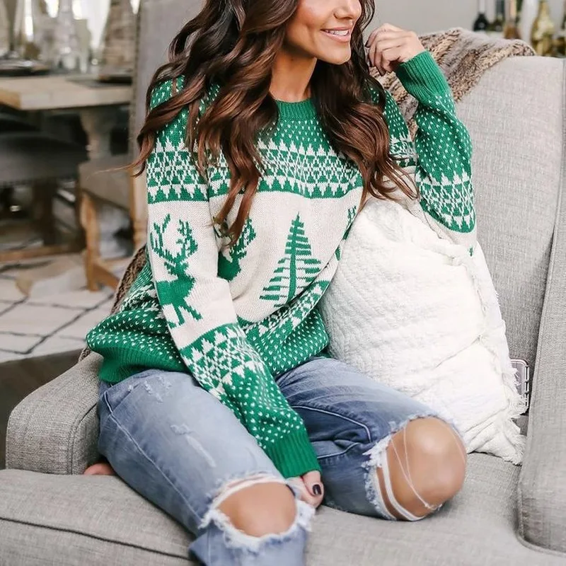 

Women's Oversize Sweater 2020 Autumn Winter Long Sleeve Knitted Christmas Sweaters for Women Deer Christmas Jersey Warm Pullover