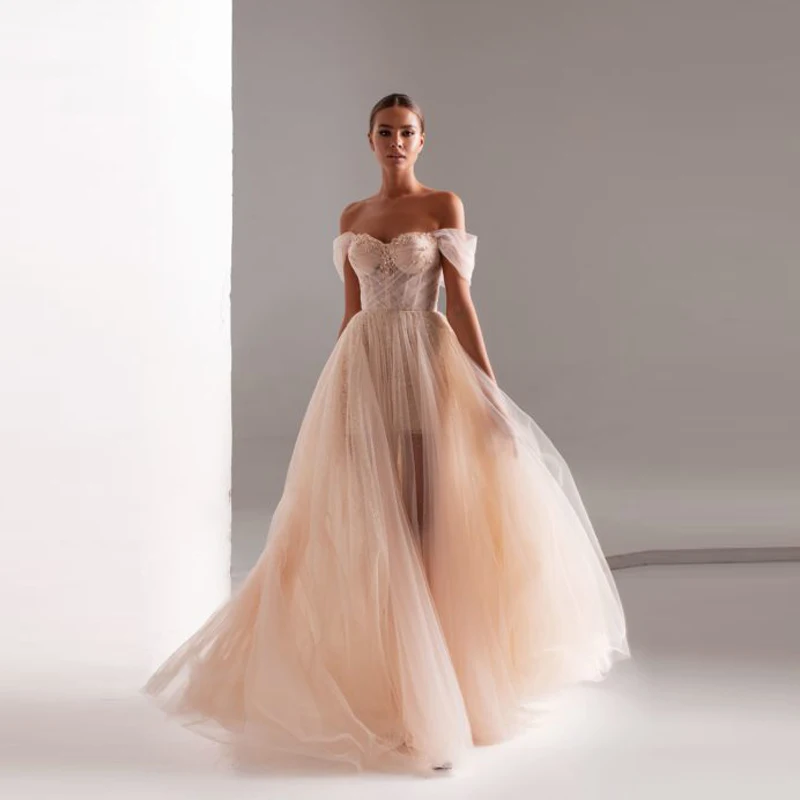 

Sweet Champagne See Thru A-line Tulle Prom Gowns Crystal Beaded Long Formal Party Dress Sequined Summer Women Dress