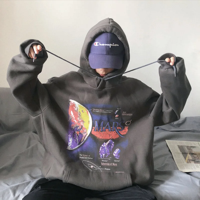 

INS plus velvet loose BF Harajuku star print retro old port wind Korean couple plus velvet ulzzang hoodie