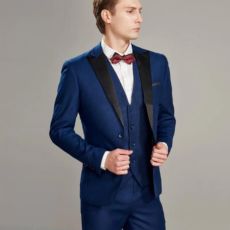 Traje para padrino de boda, esmoquin de solapa negra, traje azul para hombre, pantalones, pajarita, chaleco, novedad|Trajes| - AliExpress