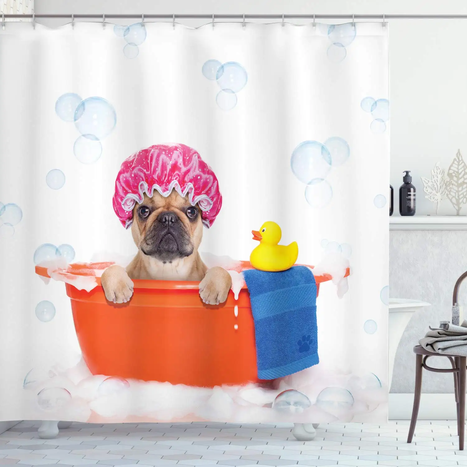 Dog Lover Shower Curtain Having a Bath in Tub with Rubber Duck Cleaning Theme on Bubbles Background Bathroom | Дом и сад