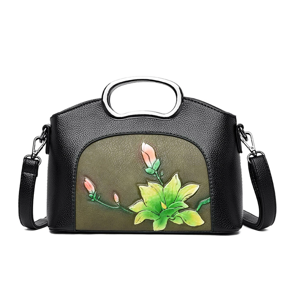 Роскошные сумки с цветами женские тисненые кожаные сумки на плечо Национальный Стиль Женские сумки через плечо для женщин Сумки Sac - Цвет: Magnolia Green