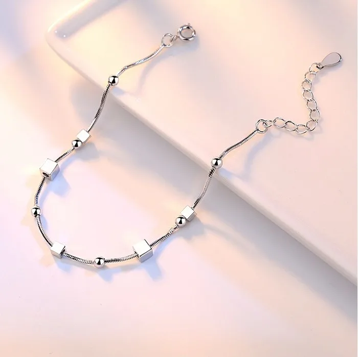 Женские двухслойные браслеты из стерлингового серебра 925 пробы с квадратной коробкой из круглых бусин pulseira S-B115