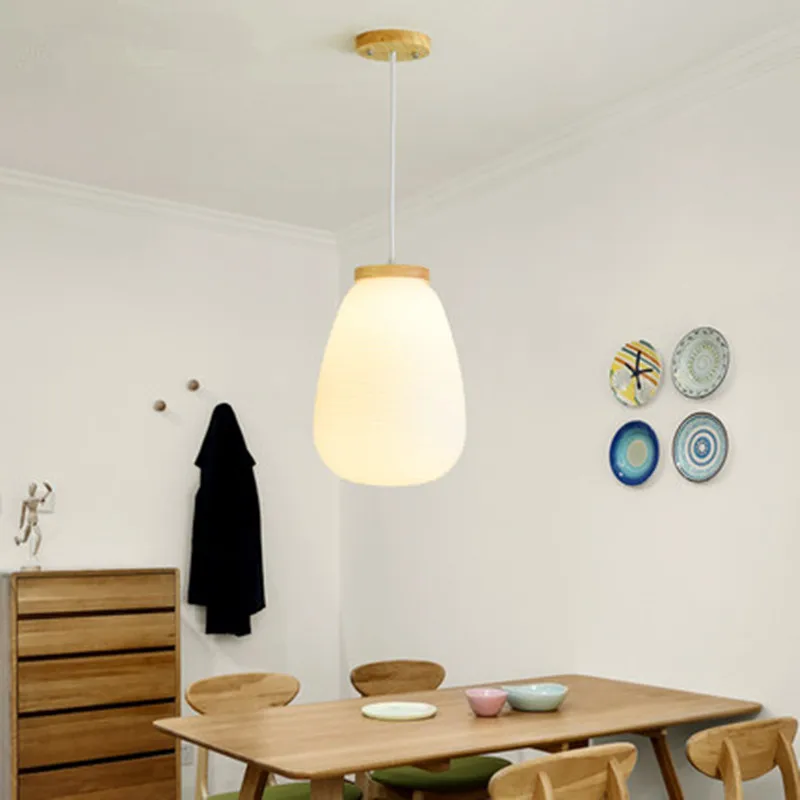

Modern E27 LED Pendant Light With Elliptical Glass Lampshade For Dining Modern Wooden Milky White Hanging Lamp