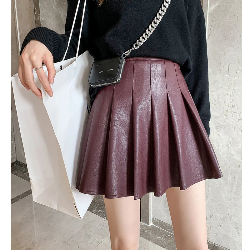 Women Skirt Preppy Style High Waist Chic Faux Leather Skirts Winter short Pleated Skirt Women Cute Sweet Girls Dance Skirts