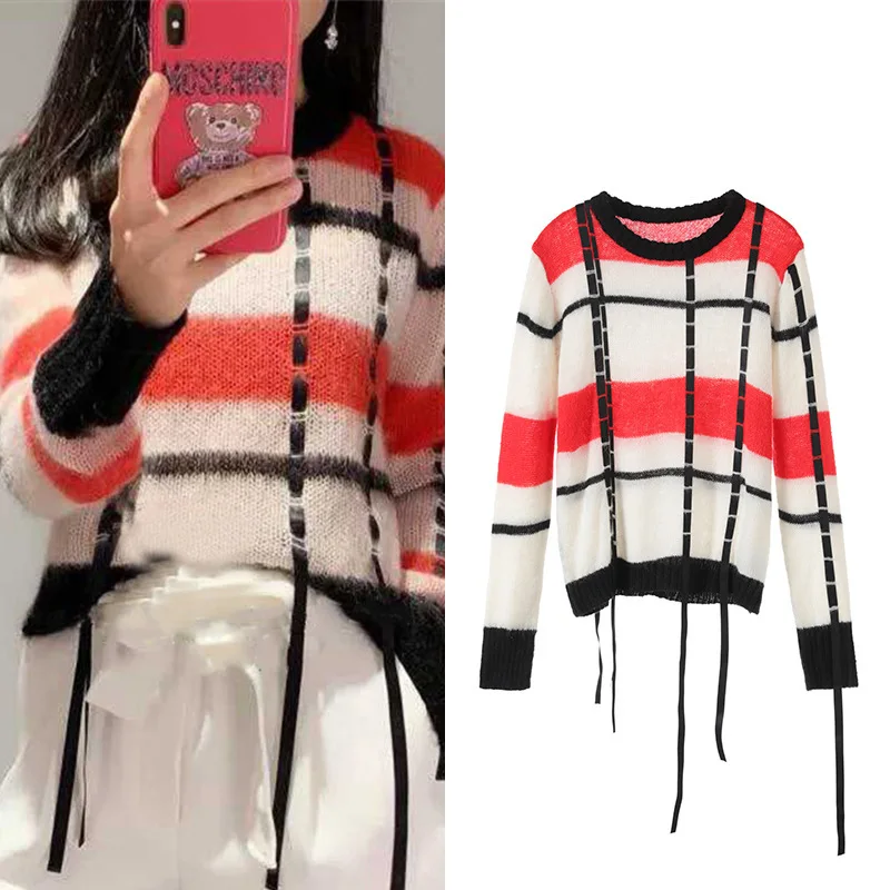 

New relaxed joker belt splicing into decorative grid color long sleeve SA0638 round neck sweaters