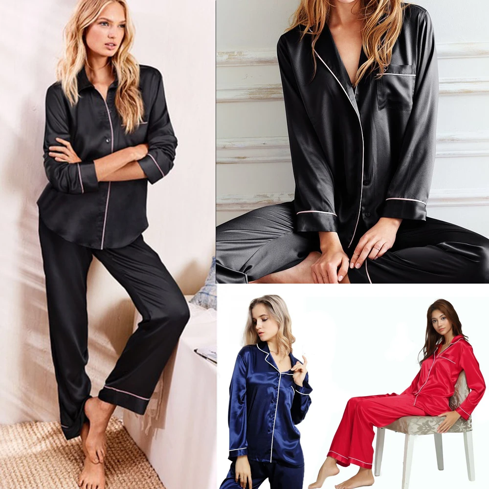 

New Elegant Fashion Casual Women Lady Satin Pajamas Set Hot Solid Pyjama Sleepwear Nightwear Loungewear Homewear