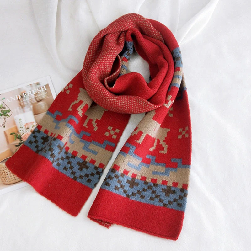 

Soft Long Scarves Shawls Wraps Small Plaid Elk Pattern Thick Warm Wool Knitted Scarf Head Scarves Vintage Christmas Scarf