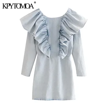 

KPYTOMOA Women 2020 Chic Fashion Ruffled Denim Mini Dress Vintage O Neck Long Sleeve Back Zipper Female Dresses Vestidos Mujer