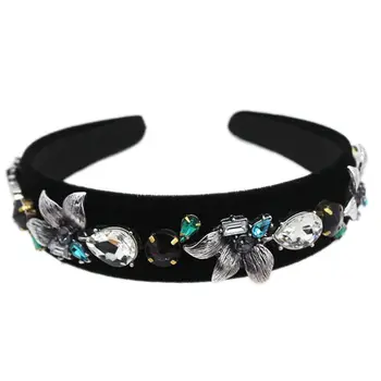 

Baroque Retro Faux Leather Headband Women Bridal Full Rhinestone Flower Leaves Jewelry Hair Hoop Dance Party Banquet Headpiece