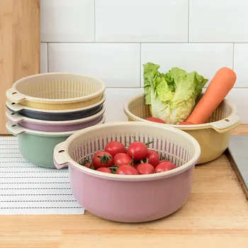 

Household Double-layer Drain Basket Kitchen Vegetable Washing Storage Basket Plastic Hollow Multifunctional Fruit Basket