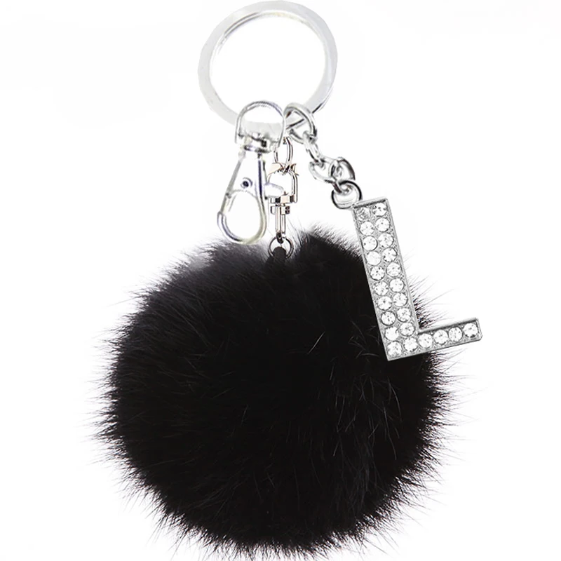 Пушистый черный помпон Искусственный Кролик брелок в форме меховых шариков буквы с кристаллами Брелоки держатель для ключей Модный Ювелирный мешок аксессуары подарок