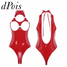 Сексуальное женское мокрое платье из лакированной кожи Открытое белье с оголенной грудью Холтер шеи выдалбливают стринги с высокой посадкой Боди Одежда для ночного клуба