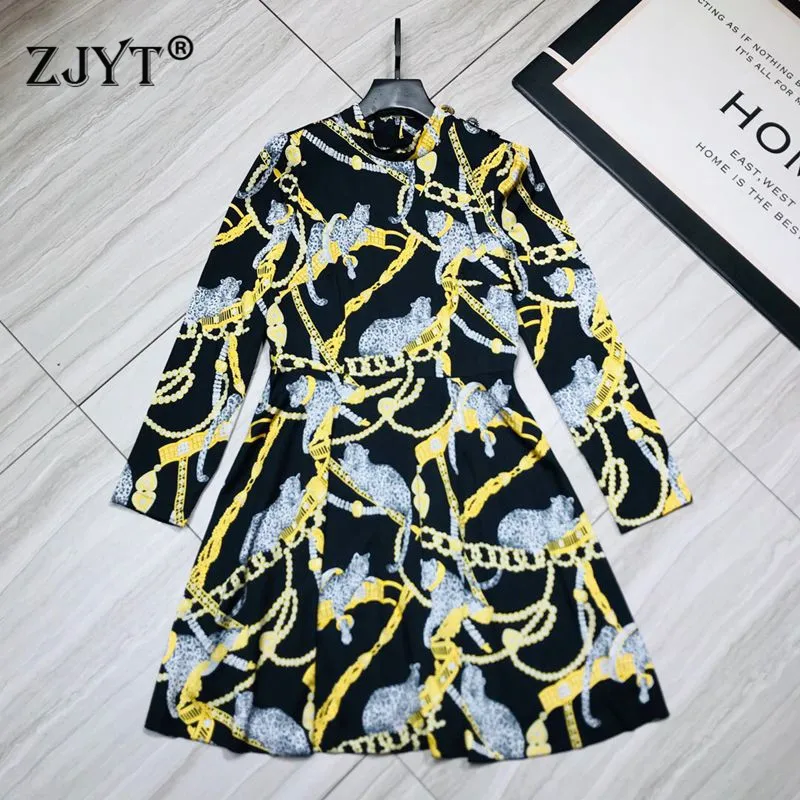 

2020 New Spring Designer Runway Dress Women Elegant Long Sleeve Chains Print Vintage Casual Dress Female Vestidos