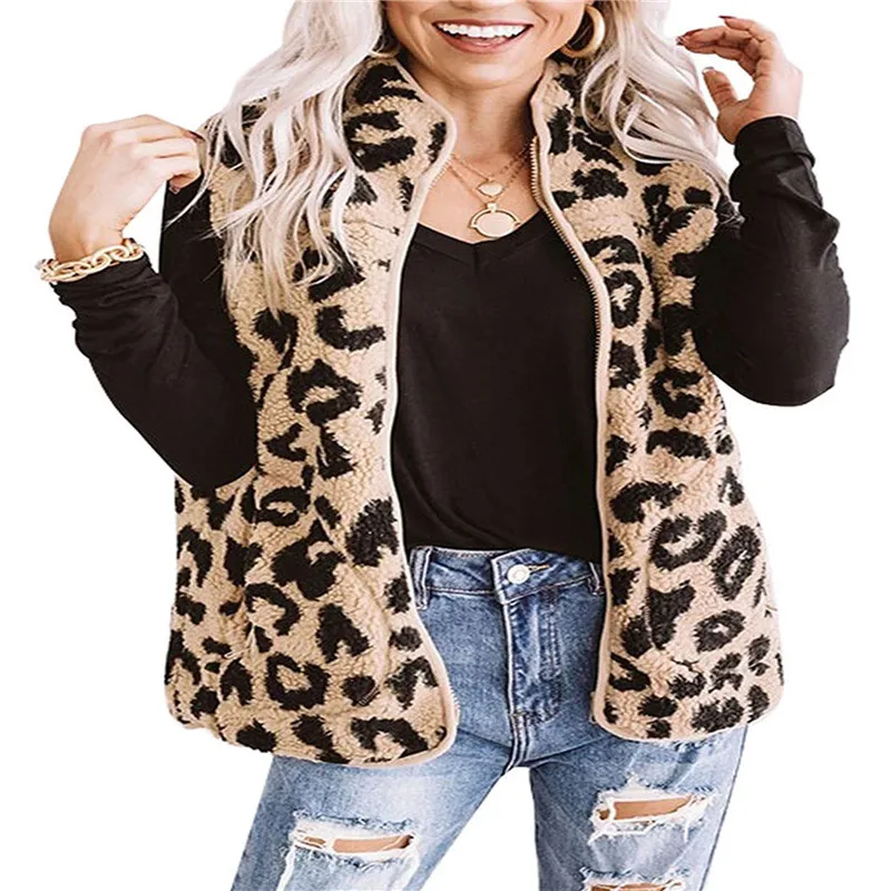 

2020 New Ladies Leopard Print Vest Jacket Lightweight Sleeveless Zipper Wool Vest Autumn And Winter Fashion Vest Jacket