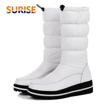 

2018 Winter Women Down Snow Boots Flat Heel Round Toe Wedge Platform Half Boots Waterproof Genuine Leather Plush Mid-calf Boots