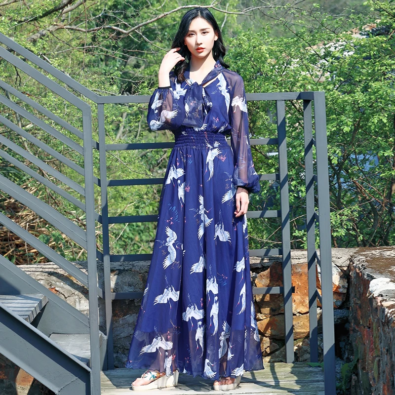 New Fun Women Lady Summer Chiffon Long Sleeve Animal Printing Dresses Bow Tie Casual Beach Holiday Dress Plus Sizes | Женская одежда