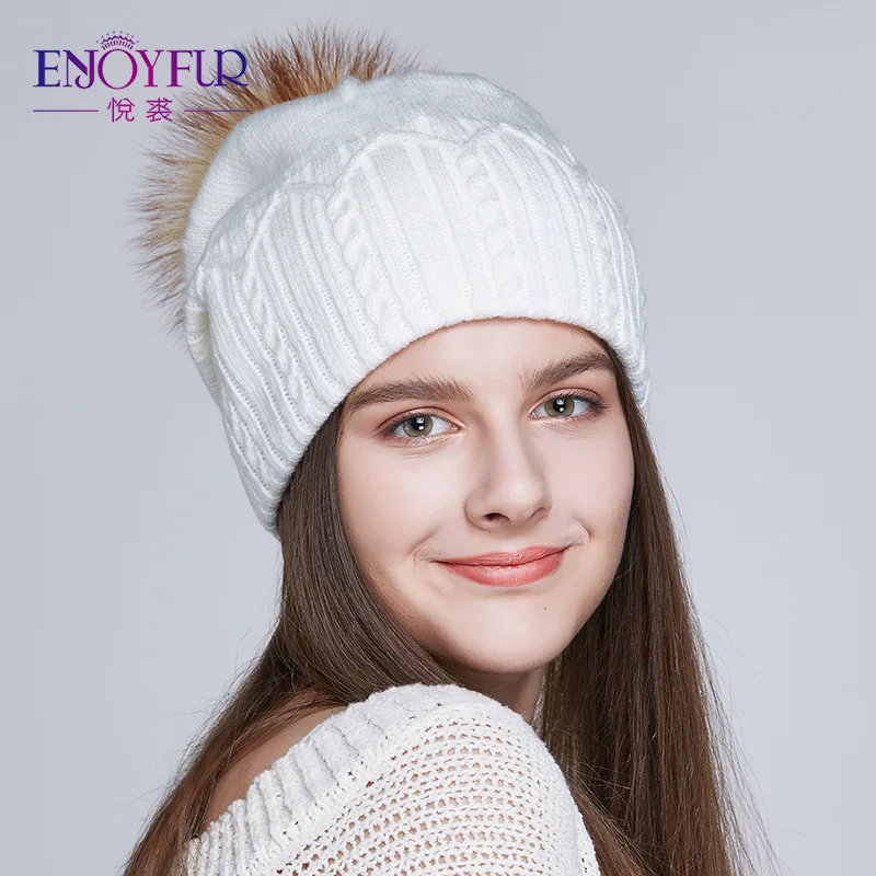 ENJOYFUR Для женщин Шапки для зимние шапки с натуральным мехом Pom Мешковатые шапки-боб для леди Теплый Женский Hat