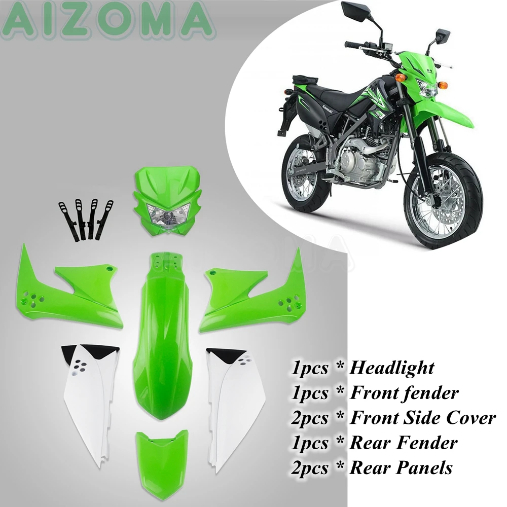 

Green Dirt Pit Bike Headlight Body Side Cover Fairing Full Guard Kit w/ Front Rear Fender Mudguard For Kawasaki KLX 150 KLX150