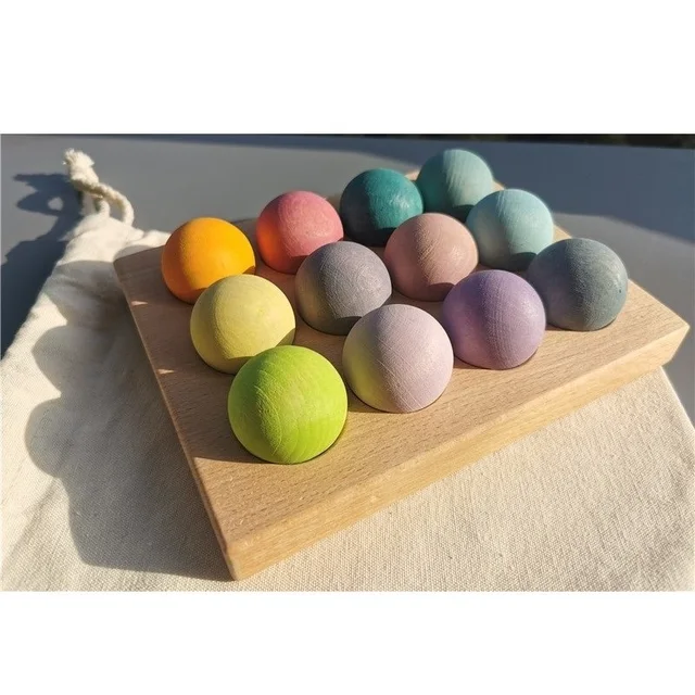 Kids Wooden Toys Color Sorting Wood Balls Rainbow & Pastel Sphere with Tray Unpaint Cup Montessori Peg Dolls and Rings 4