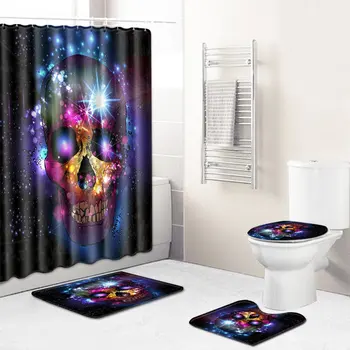 

Skull Shower Curtain Bath Floor Mat Toilet Mat Set Waterproof Bathroom Shower Curtain Set Halloween Decorations
