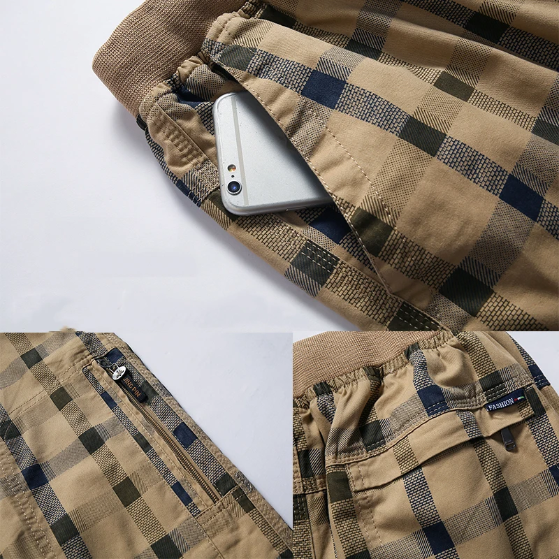 Long Shorts Men Plaid Capris Cotton Summer 3/4 Length Trousers Back Zipper Pocket Bermuda Male Vogue Elastic Waist Breeches Men