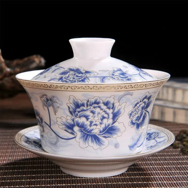 Чайная чашка большого размера GaiWan Jingdezhen из сине белого фарфора керамическая