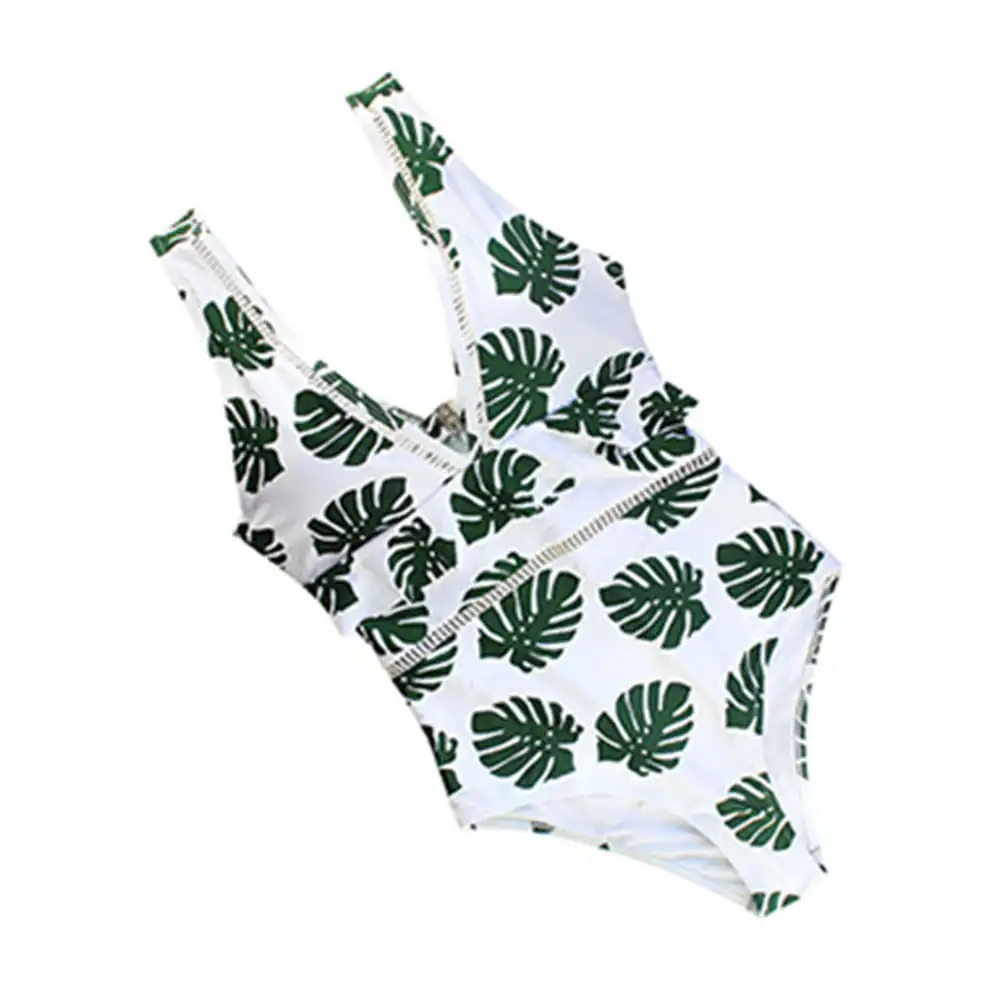 Diliflyer Sexy Womens One Piece Plunge Plant Ruched Swimwears 7