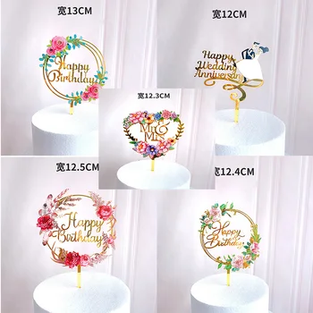 

Rose Flowers Happy Birthday Acrylic Cake Topper Gold Birthday Cupcake Toppers Decor for Wedding Birthday Party Cake Decorations