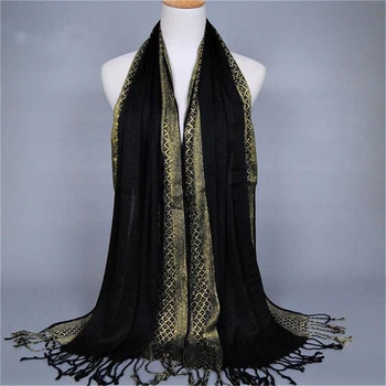 

Fashion Golden Silk Scarf Women Long Big Tassel Foulard Flashing Multi Color Muslim Scarves Hijab Wholesales Drop Shipping