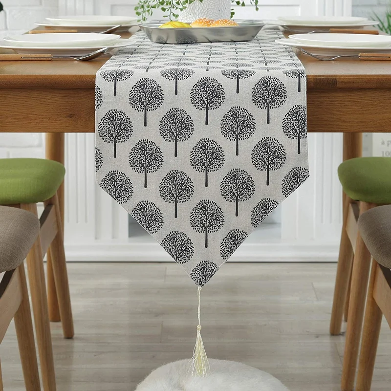 Natural Cotton& Linen Table Runner with Tree Pattern, Handmade Farmhouse Style Table Runner with Tassel(86 Inches