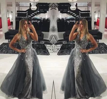 

Elegant Gray Lace Long Evening party Dress with Detachable Train Sleeveless V-Neck Crystals 2019 Prom Gowns Pageant prom dresses