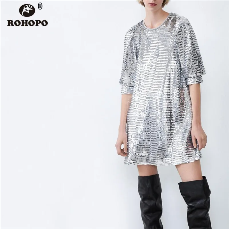 ROHOPO, серебряное металлическое мини-платье с блестками, короткий рукав, круглый воротник, пуговицы, женское сексуальное платье#9432