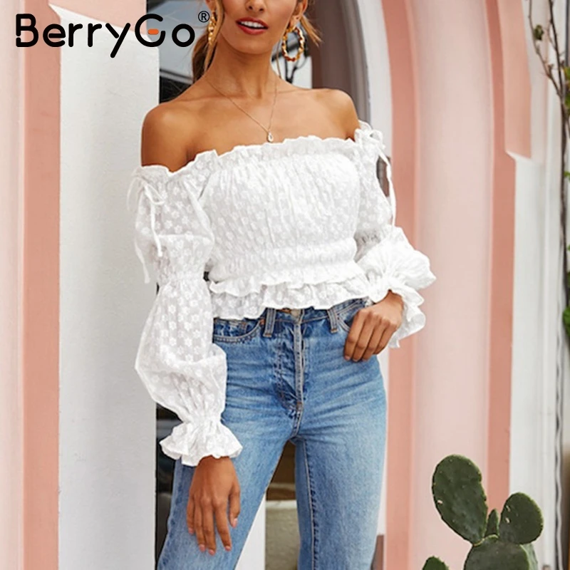 BerryGo элегантная женская блузка с вырезом лодочкой рубашка оборками на шнуровке