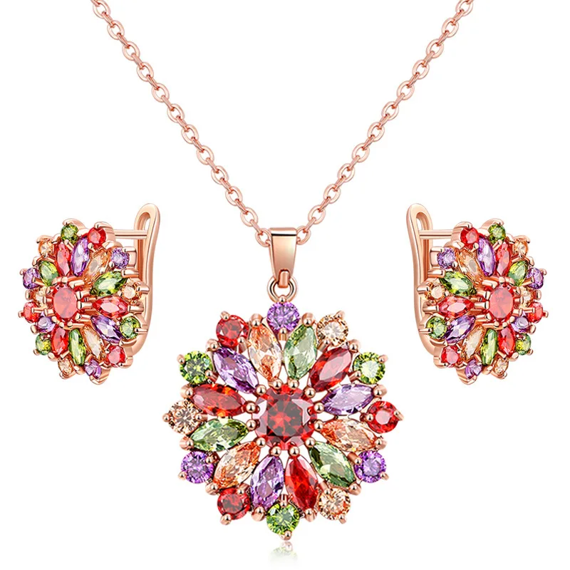 

KERASTASE Accessories Colorful Micro Pave Zircon Necklace Earrings Zircon xiao tao zhuang Hot Selling Two-Piece Set