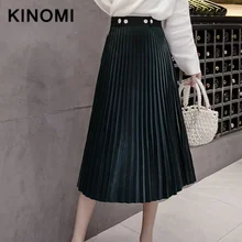 KINOMI, Новое поступление, зеленые юбки с высокой талией, модные плиссированные юбки с пуговицами, классические женские юбки на осень