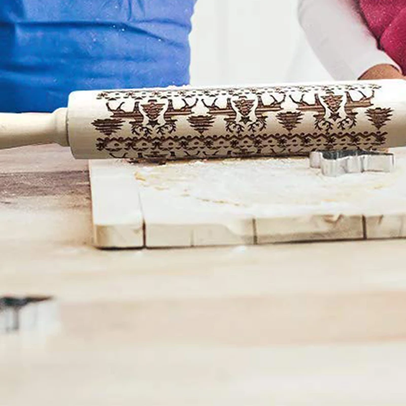 Christmas Wooden 3D Rolling Pins Embossed, Embossing Rolling Pin with Engraved Christmas Themed Symbols for Baking Embossed Cook