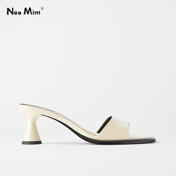 

2020 Snakeskin Patent Leather Women Mules High Heels Sandals Woman Summer Shoes Open Toe Strange Round Heels Slipper Shoes